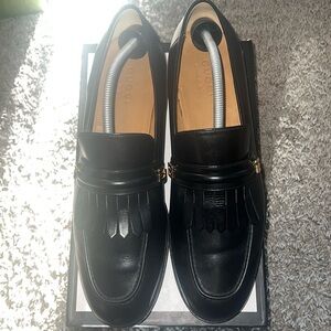 Gucci Black Leather Loafers with Gold Accent
